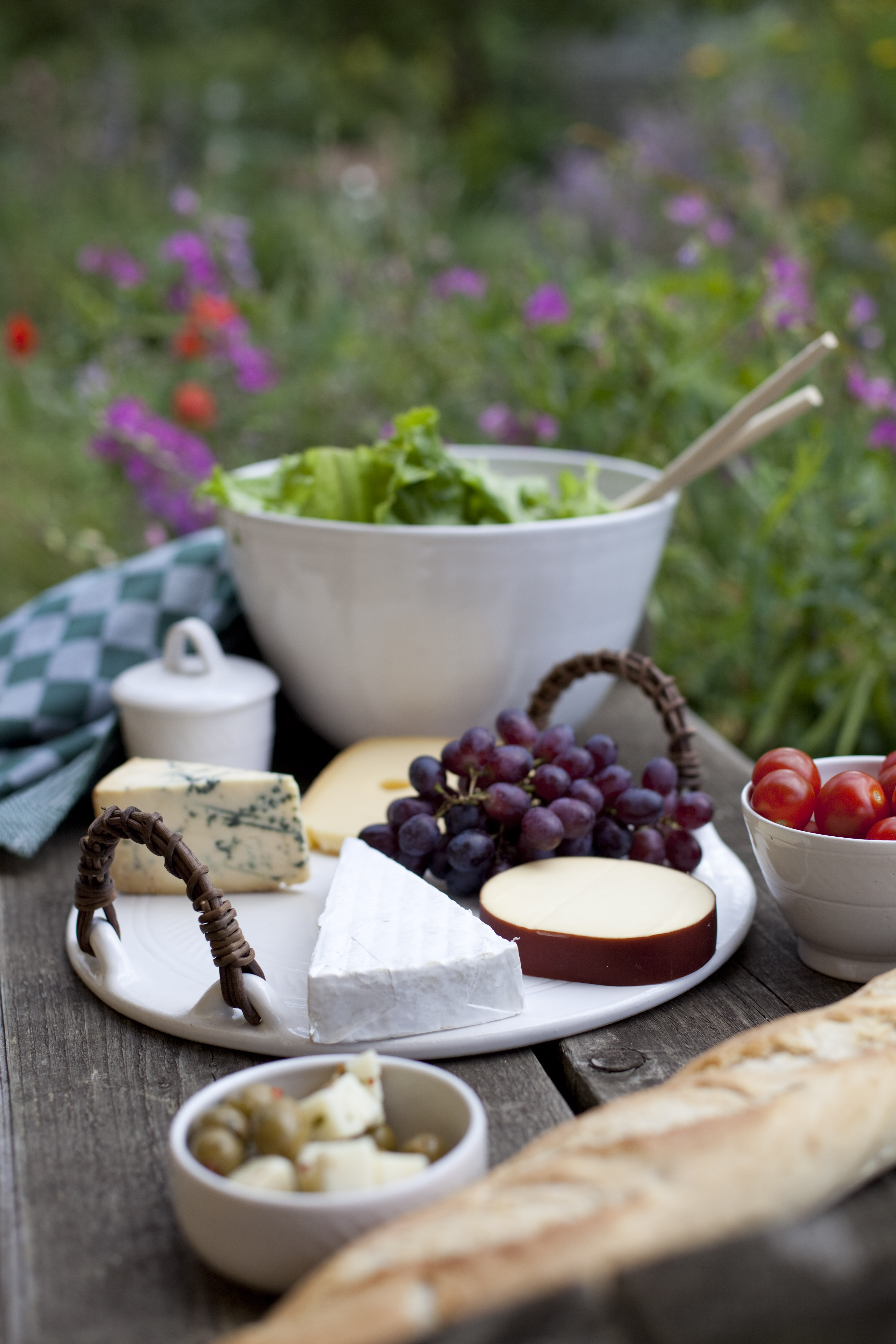Cheese tray, salad bowl, jam pot, creme brulee pot. Stoneware, wheel thrown, akebia handles, white glaze.